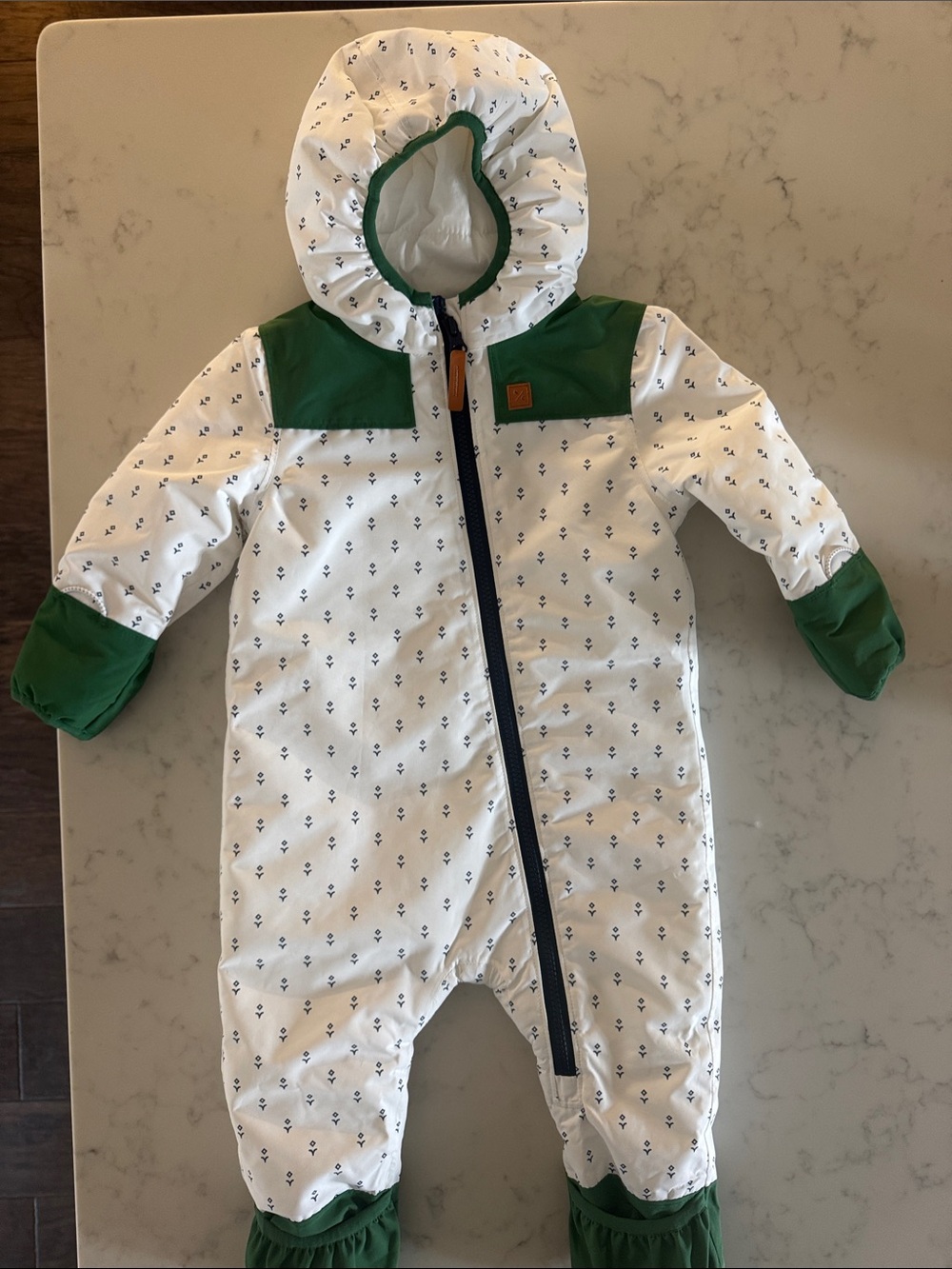 L.L. Bean White One-Piece Footie with Green Accents